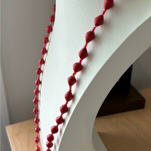 Red paper lantern necklace/ red seed beads/ measures 36 in length